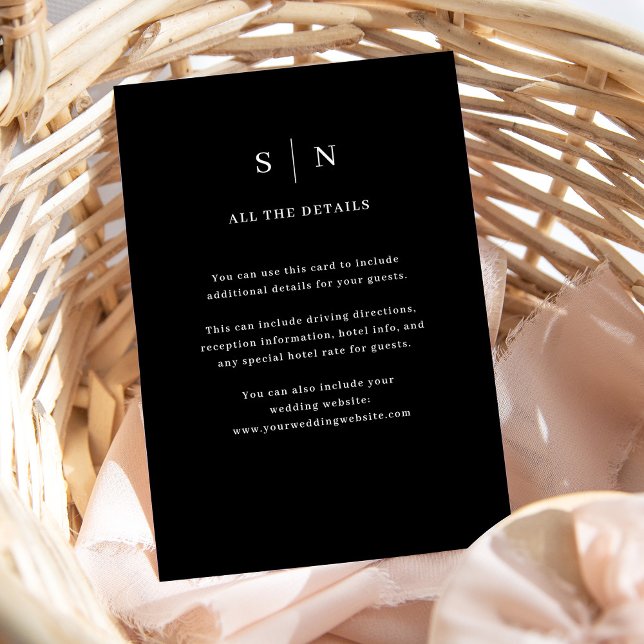 Minimal and Chic Black | Wedding Guest Details Enclosure Card (A minimal and chic wedding details card in dark black)
