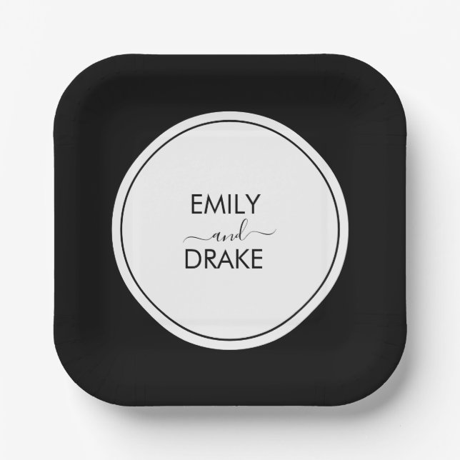 Minimal and Chic Black White Wedding Paper Plates (Front)