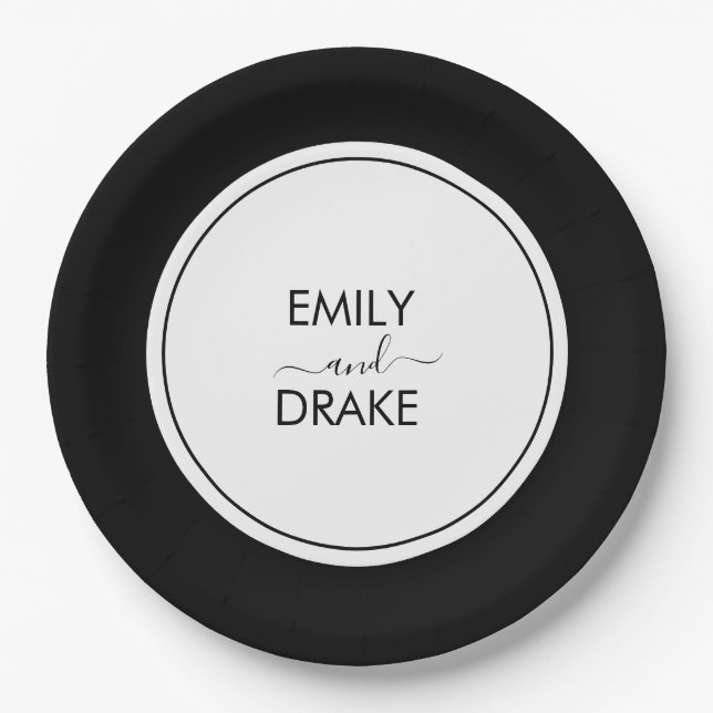 Minimal and Chic Black White Wedding Paper Plates (Front)