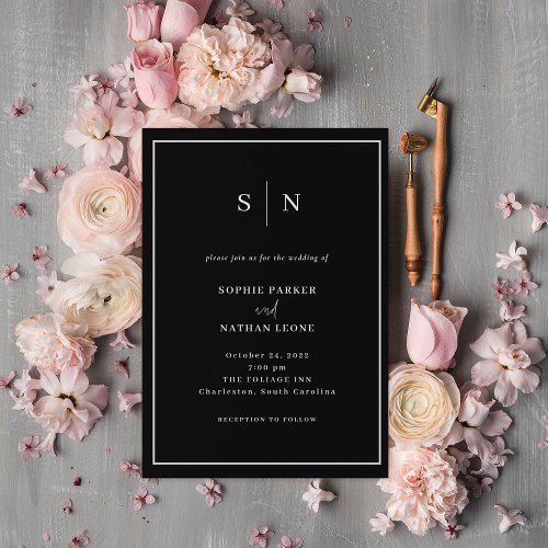 Minimal and Chic  Black with Border Wedding Invitation