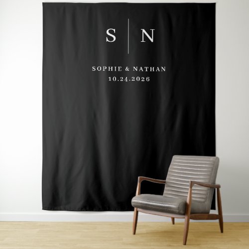 Minimal and Chic  Black with Monogram Wedding Tapestry