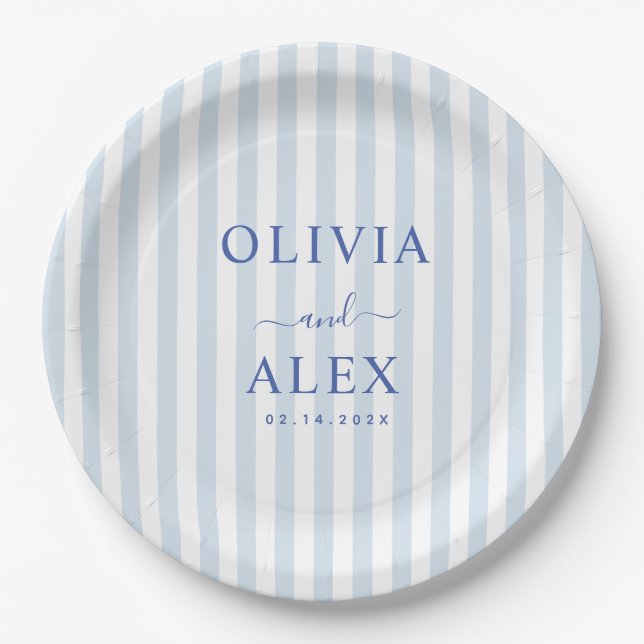 Minimal and Chic Blue French Personalized Wedding  Paper Plates (Front)