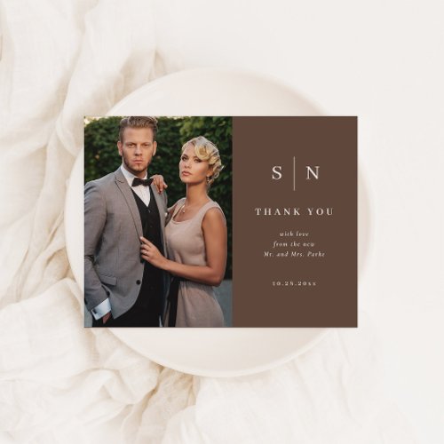 Minimal and Chic Brown | Photo Wedding Thank You Postcard