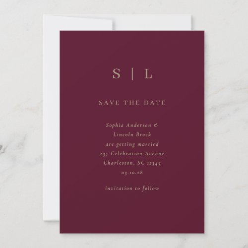 Minimal and Chic Burgundy and Gold Save The Date