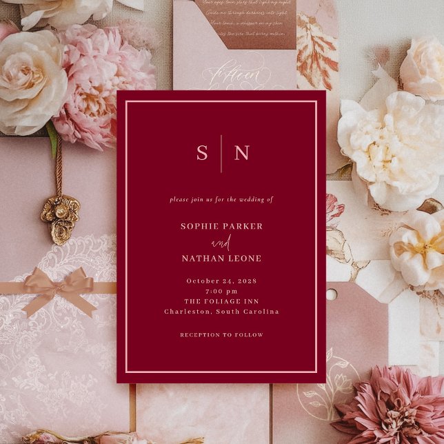 Minimal and Chic | Burgundy and Light Pink Wedding Invitation (Creator Uploaded)