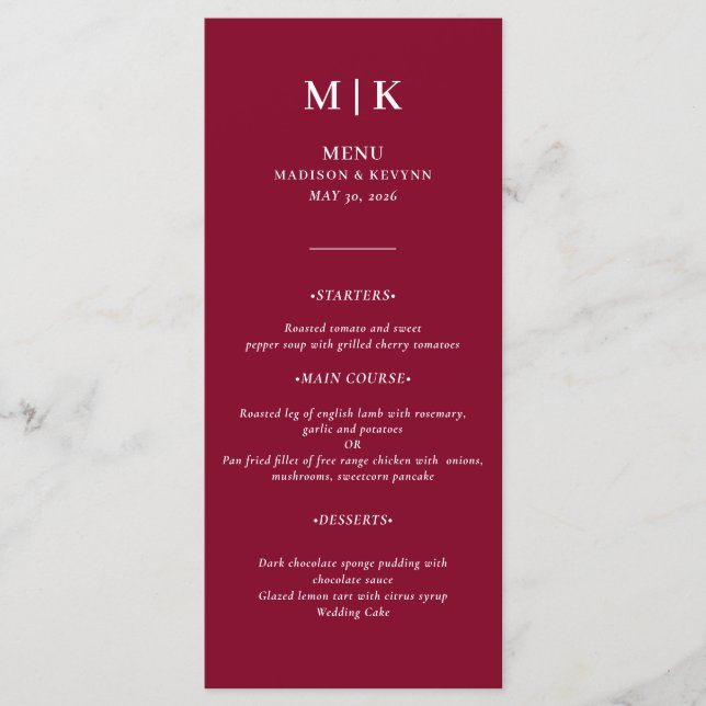 Minimal and Chic | Burgundy  and White  Wedding Menu (Front)
