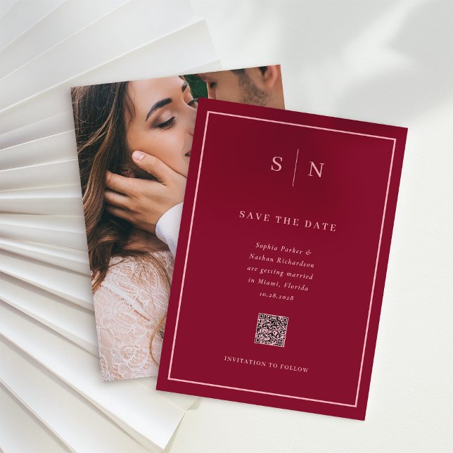 Minimal and Chic | Burgundy Photo QR Code Wedding Save The Date (Creator Uploaded)