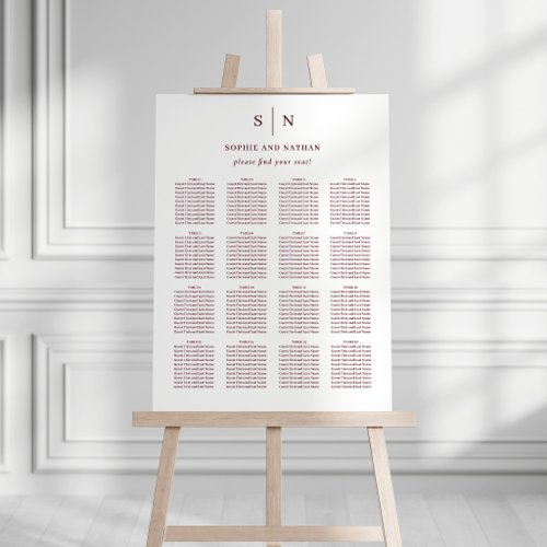 Minimal and Chic | Burgundy Wedding Seating Chart Foam Board