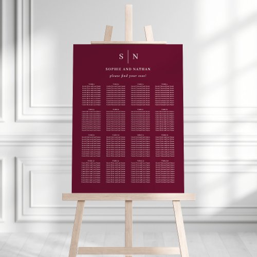 Minimal and Chic | Burgundy Wedding Seating Chart Foam Board