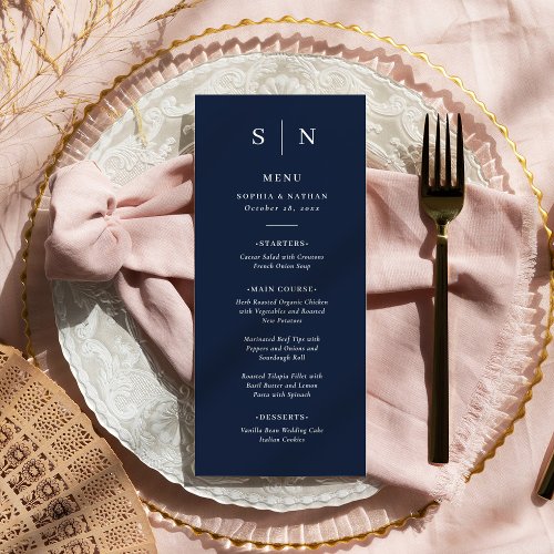 Minimal and Chic  Dark Navy Blue Wedding Menu