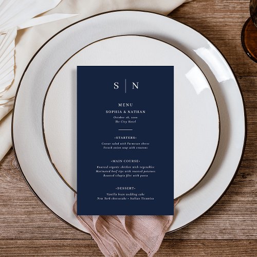 Minimal and Chic  Dark Navy Blue Wedding Menu Flyer