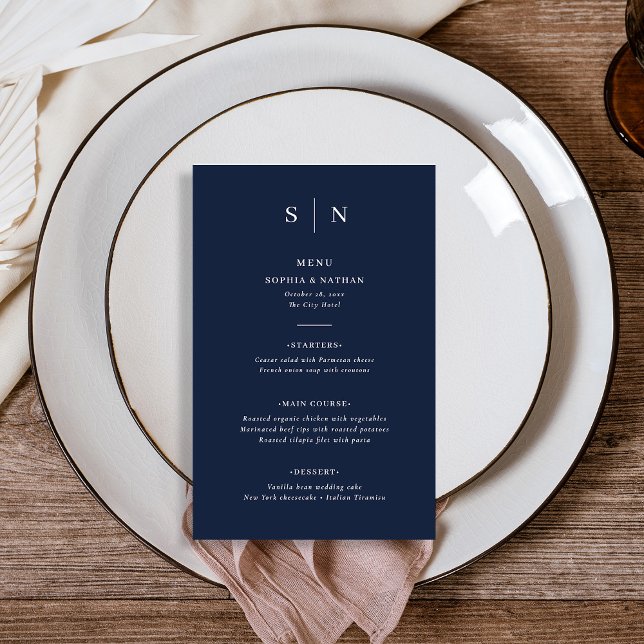 Minimal and Chic | Dark Navy Blue Wedding Menu Flyer (An elegant wedding menu in dark navy blue with white text and your monogram)