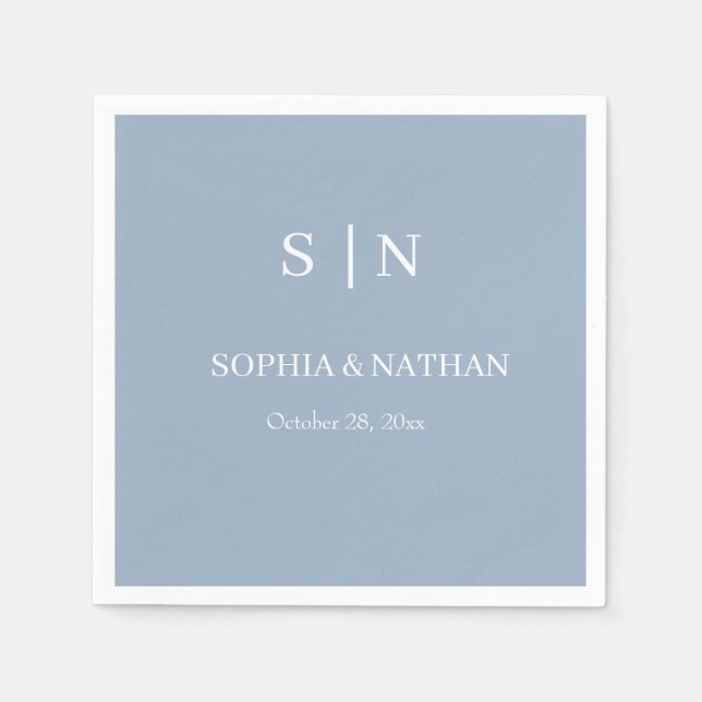 Minimal and Chic | Dusty Blue and White Wedding Napkins (Front)