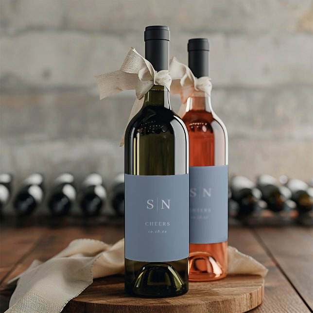 Minimal and Chic | Dusty Blue Monogram Cheers Wine Label (Creator Uploaded)