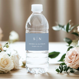 Minimal and Chic Dusty Blue Monogram Wedding Water Bottle Label