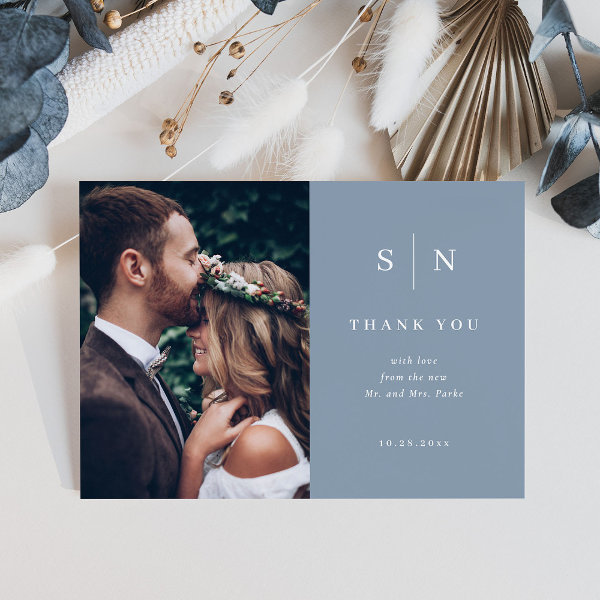 Minimal and Chic | Dusty Blue Two Photo Wedding Thank You Card