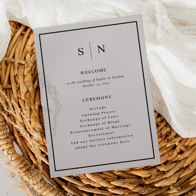 Minimal and Chic Gray with Black Border Wedding Program (A minimal and chic wedding program in soft gray and black, with your monogram)