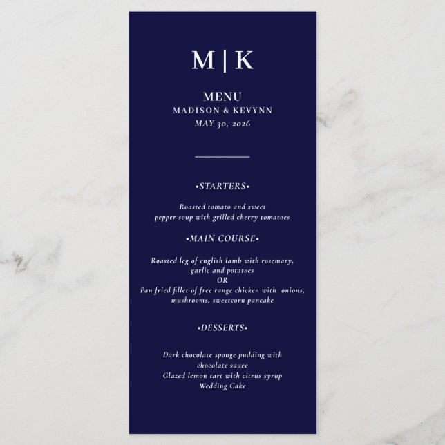 Minimal and Chic | Navy Blue and White  Wedding Menu (Front)