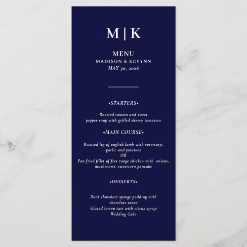 Minimal and Chic  Navy Blue and White  Wedding Menu