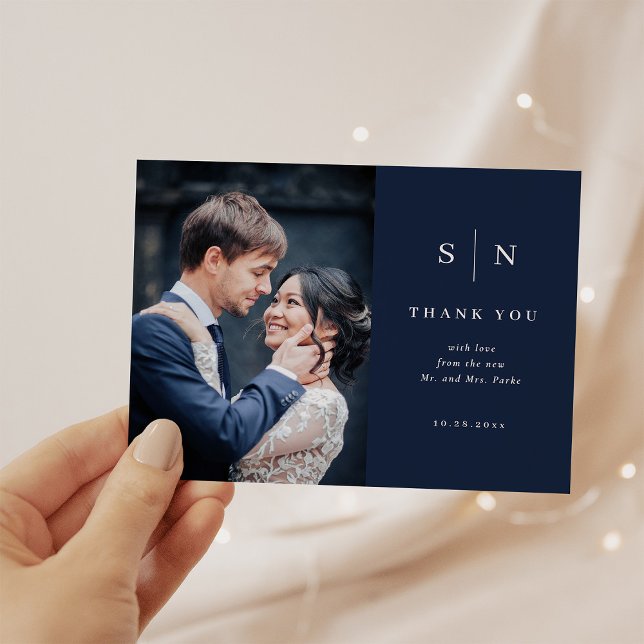 Minimal and Chic Navy Blue Photo Wedding Thank You Postcard (Creator Uploaded)
