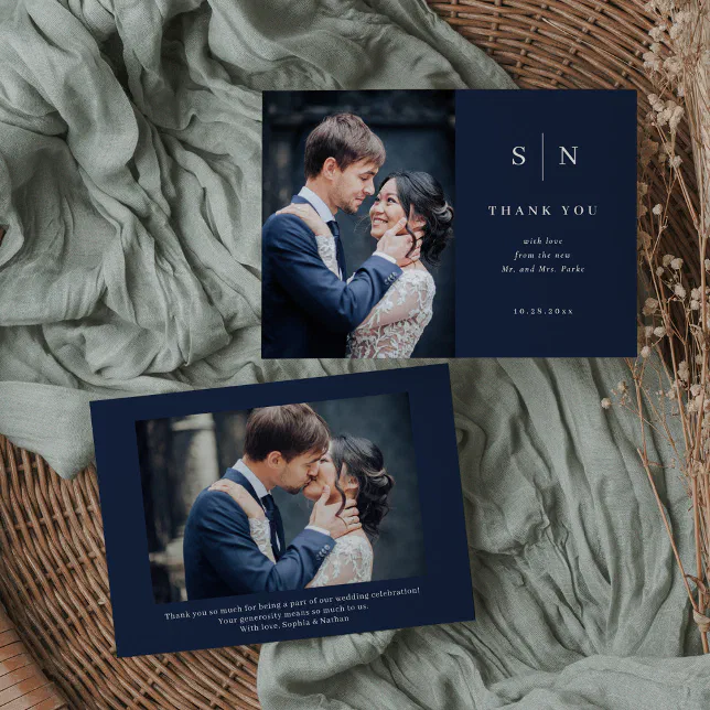 Minimal and Chic | Navy Blue Two Photo Wedding Thank You Card | Zazzle