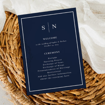 Minimal And Chic Navy Blue With Border Wedding Program by Customize_My_Wedding at Zazzle