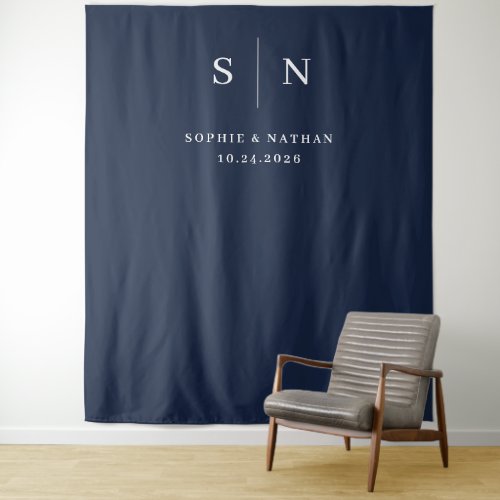 Minimal and Chic  Navy Blue with Monogram Wedding Tapestry