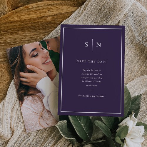 Minimal and Chic  Purple and White with Photo Save The Date