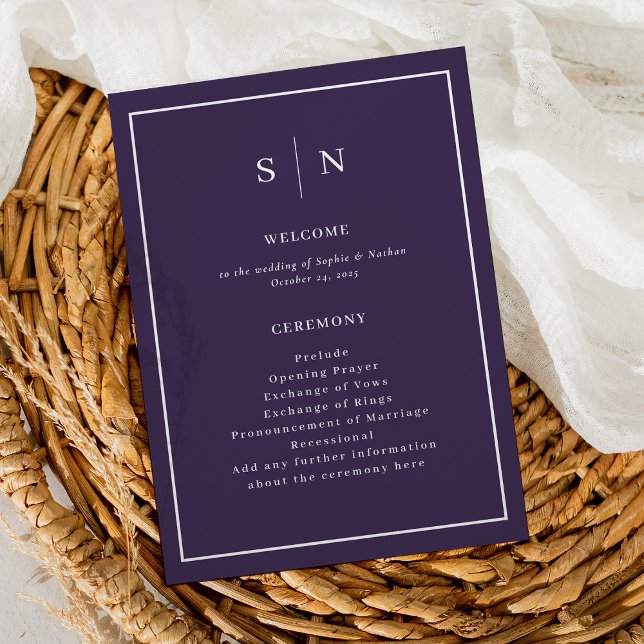 Minimal and Chic Purple | Elegant Border Wedding Program (A simple and chic wedding program in colorful dark purple and white, with your monogram)