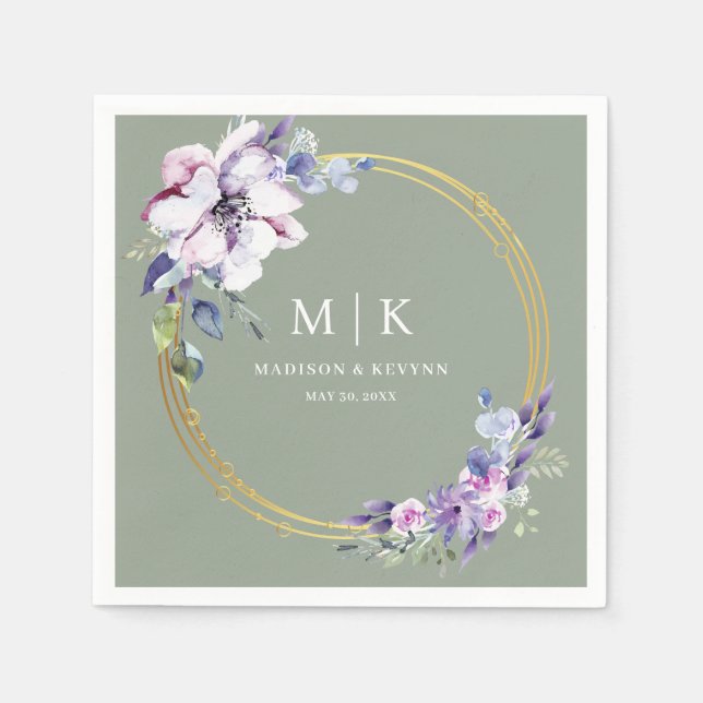 Minimal and Chic Purple Gold Sage Green | Wedding  Napkins (Front)