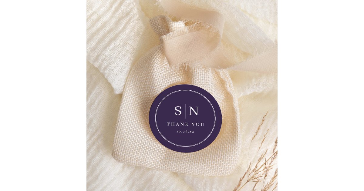 Initial Sticker Chic Minimal and Chic | Purple Wedding Initial Classic Round Sticker | Zazzle