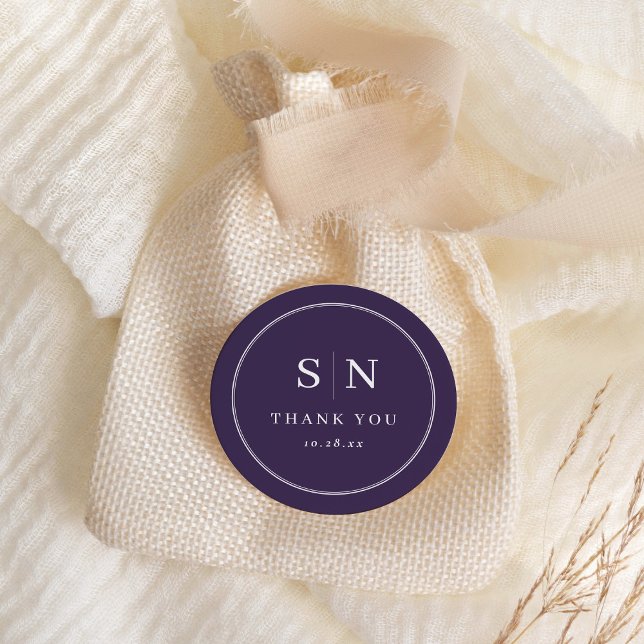Minimal and Chic | Purple Wedding Initial Classic Round Sticker (This colorful, modern sticker with your monogram is perfect for any stylish purple wedding)