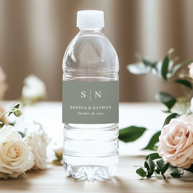 Minimal and Chic Sage Green | Monogram Wedding Water Bottle Label (Creator Uploaded)