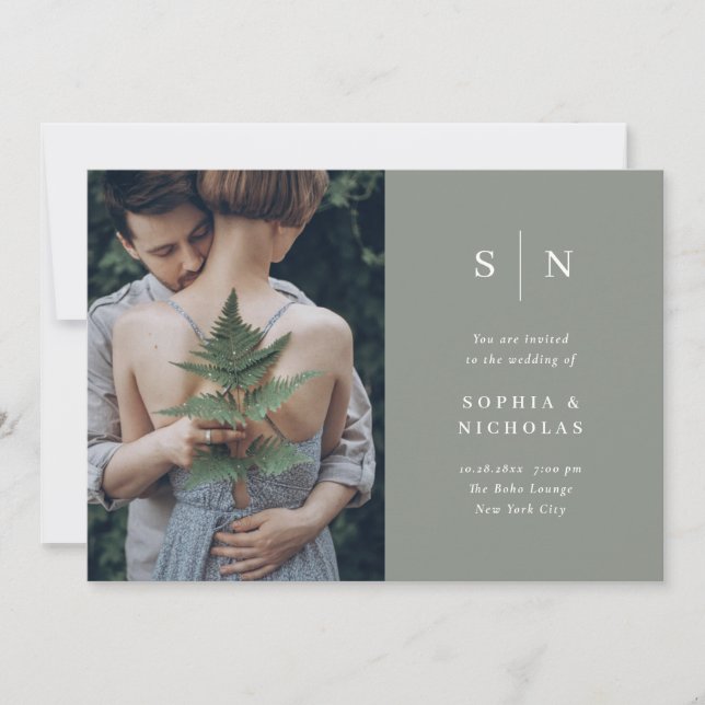 Minimal and Chic | Sage Green Photo Wedding Invitation (Front)