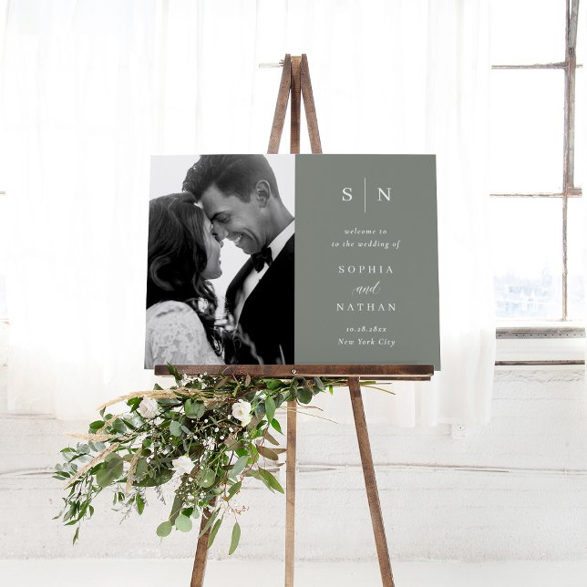 Minimal and Chic Sage Green Photo Wedding Welcome Foam Board (A chic, sage green wedding welcome sign that features your favorite personal photo)