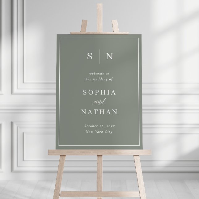 Minimal and Chic | Sage Green Wedding Welcome Foam Board (An elegant, chic sage green wedding welcome sign that features your monogram and a classic border)
