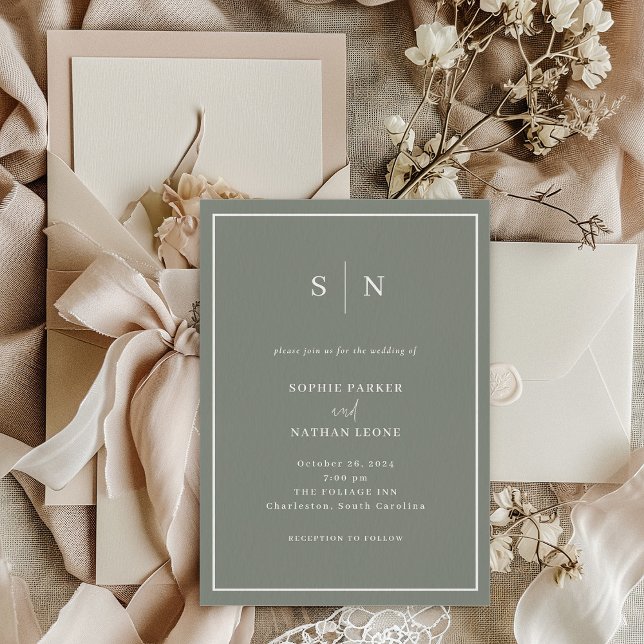 Minimal and Chic | Sage Green with Border Wedding Invitation (Creator Uploaded)