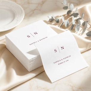 Minimal and Chic White and Burgundy Wedding Napkins
