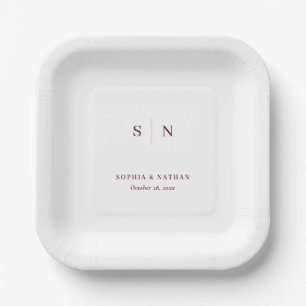 Minimal and Chic White and Burgundy Wedding Paper Plates