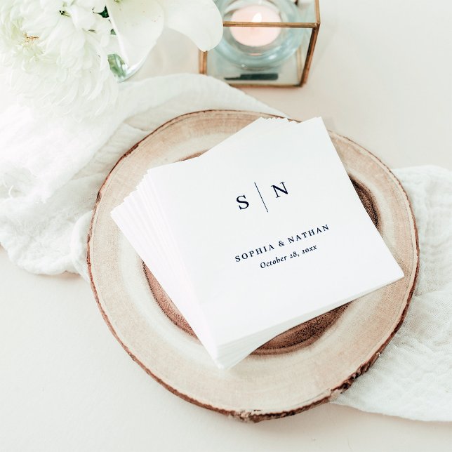Minimal and Chic | White and Navy Blue Napkins (A minimal and modern wedding napkin with navy blue text and your monogram)