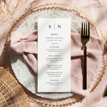 Minimal And Chic | White And Navy Blue Wedding Menu by Customize_My_Wedding at Zazzle