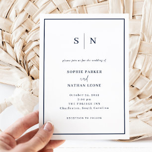 Minimal and Chic White and Navy Border Wedding Invitation