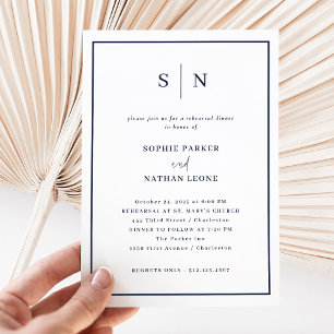Minimal and Chic White and Navy   Rehearsal Dinner Invitation