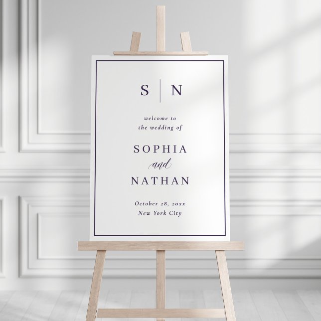 Minimal and Chic White and Purple Wedding Welcome Foam Board (A modern yet classic wedding welcome sign with purple text and a matching border)