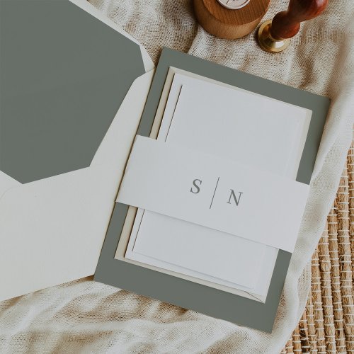 Minimal and Chic  White and Sage Green Monogram Invitation Belly Band
