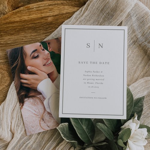 Minimal and Chic  White and Sage Green with Photo Save The Date