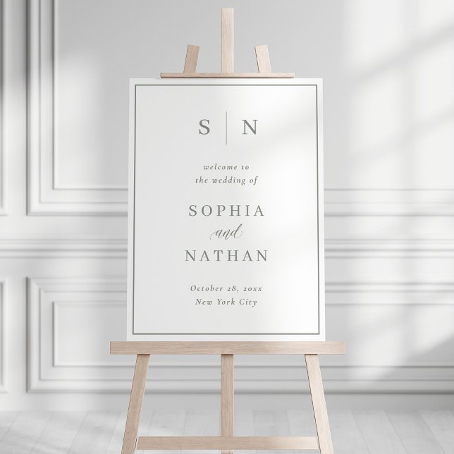 Minimal and Chic | White and Sage Wedding Welcome Foam Board (A modern yet classic wedding welcome sign with sage green text and a matching border)