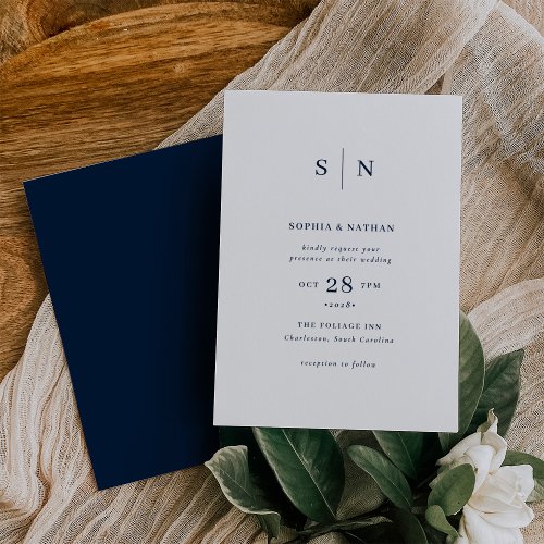 Minimal and Chic  White with Navy Blue Wedding Invitation