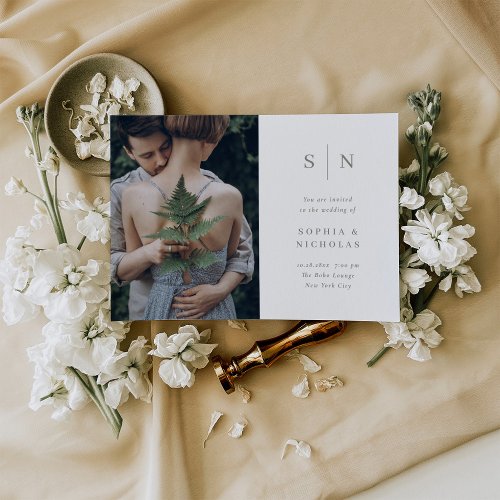 Minimal and Chic  White with Sage Photo Wedding Invitation
