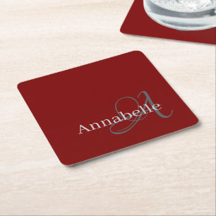Minimal And Simple Red Monogram and Name Square Paper Coaster